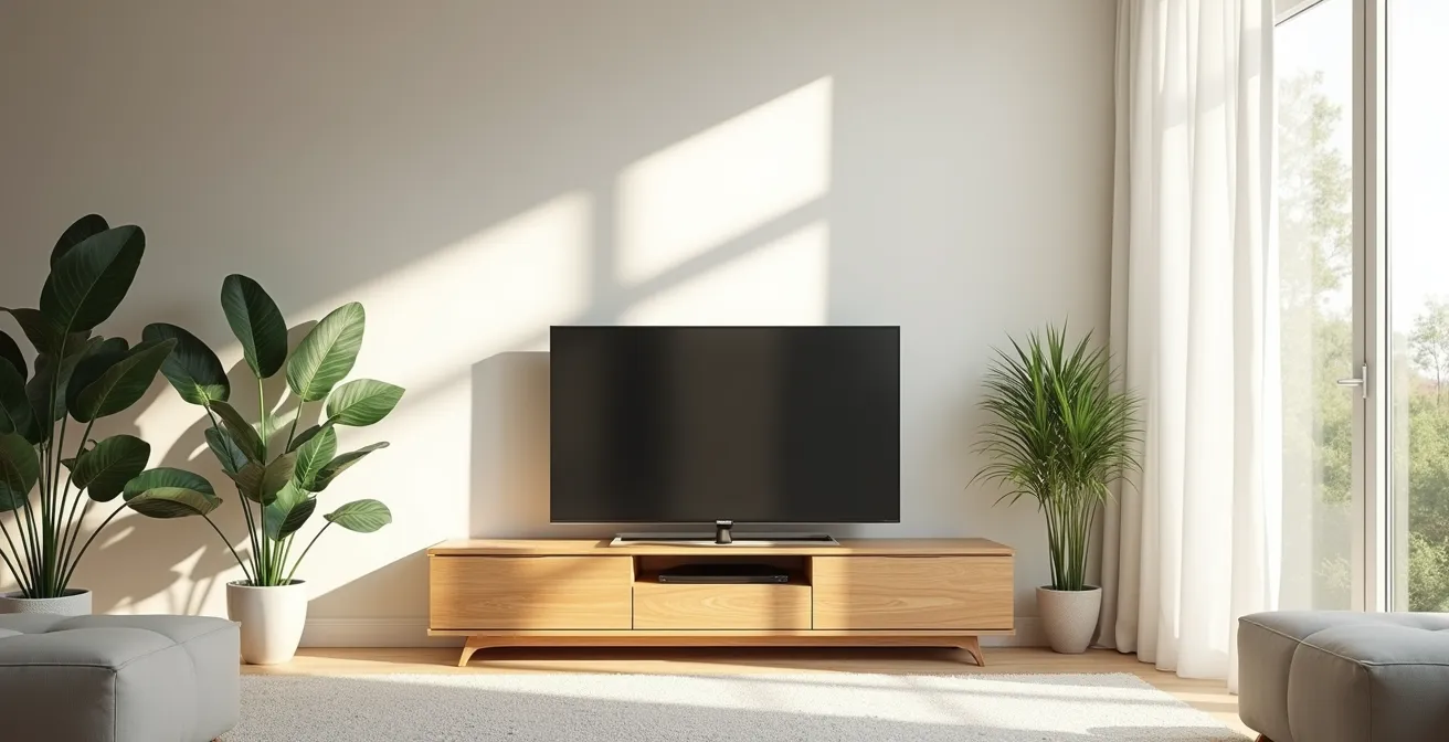 Vue d'ensemble d'un salon minimaliste et lumineux, avec un meuble TV bas en bois clair, des plantes vertes, une grande fenêtre laissant entrer la lumière naturelle, et un espace dégagé favorisant la sérénité