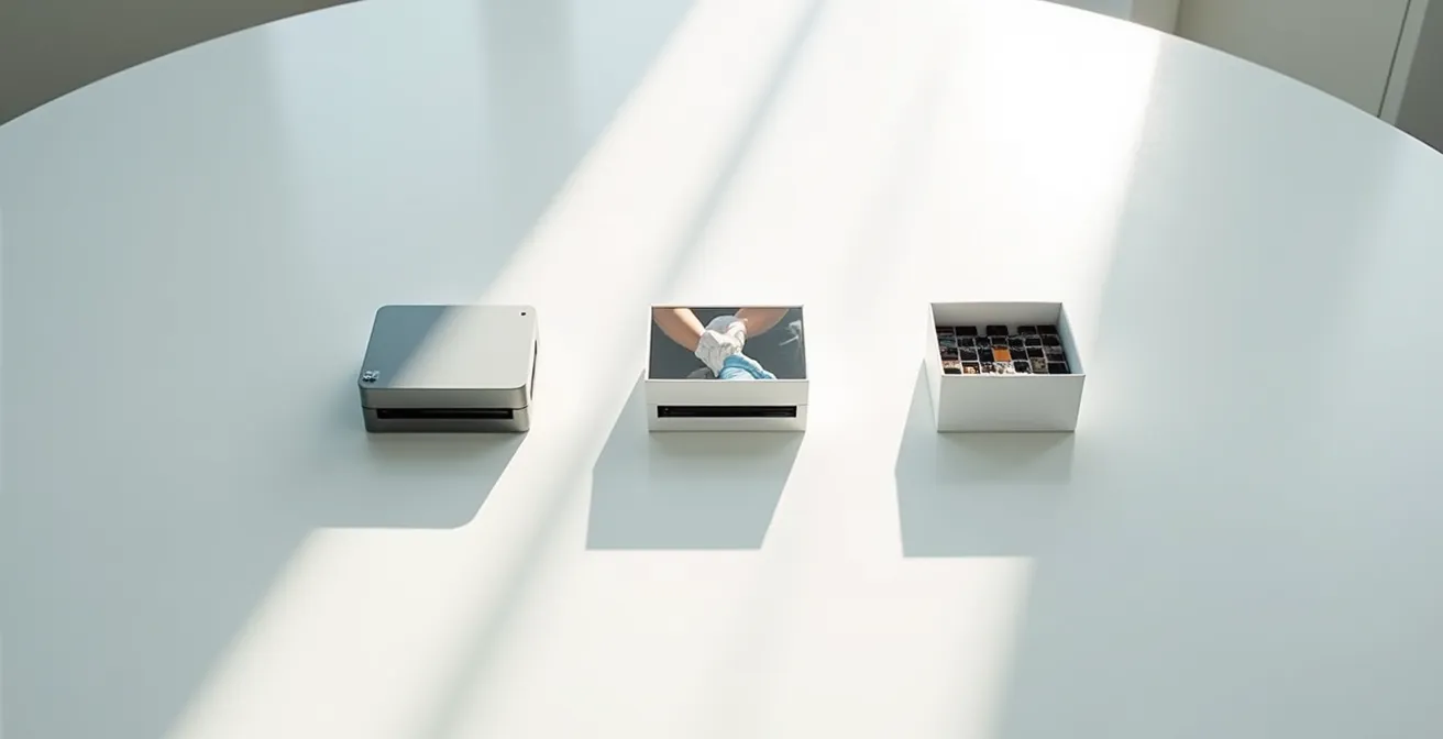 Scène minimaliste : objets typiques des trois solutions posés sur fond blanc, chaque option séparée visuellement par la lumière et l’espace négatif