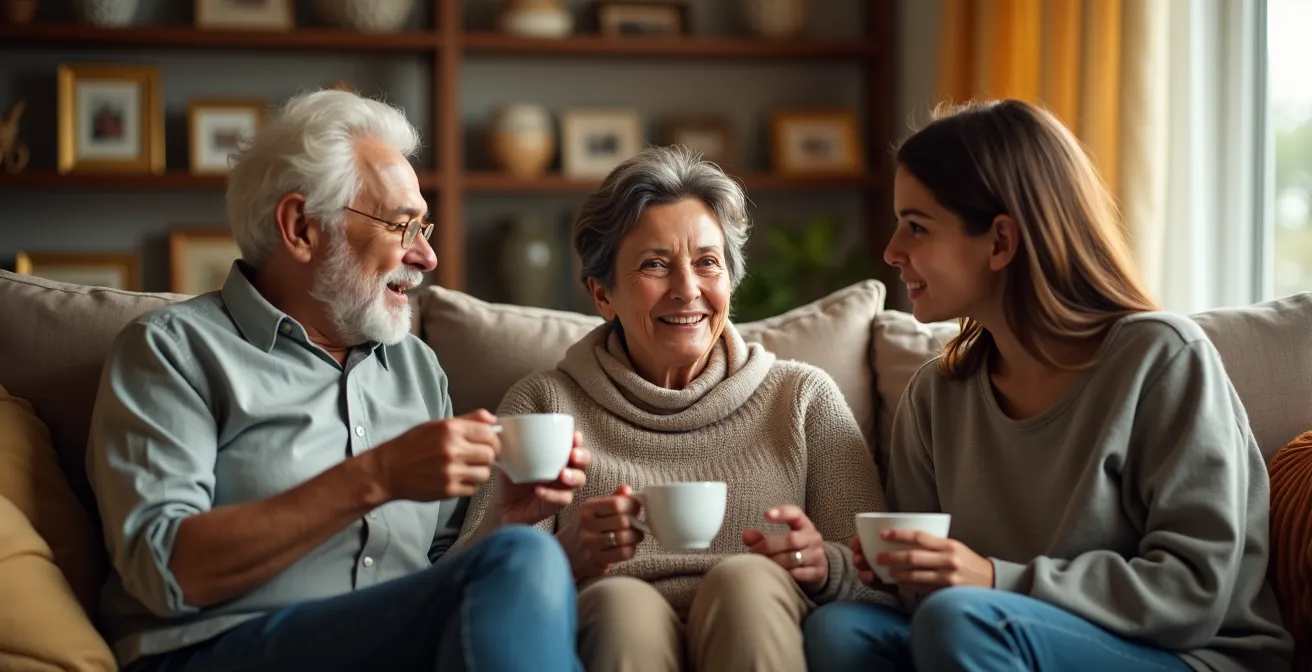 Scène d'une famille engagée dans une conversation bienveillante au salon, autour d'un sujet d'adaptation du domicile, dans une atmosphère de confiance et de soutien mutuel