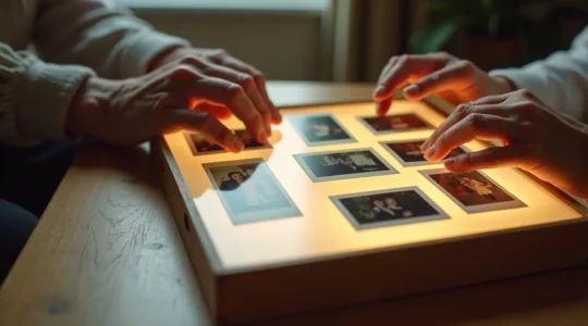 Illustration principale montrant des diapositives familiales anciennes dispersées sur une surface lumineuse, des mains anonymes de générations différentes manipulant les images, ambiance chaleureuse et cinématographique sans aucuns éléments textuels visibles