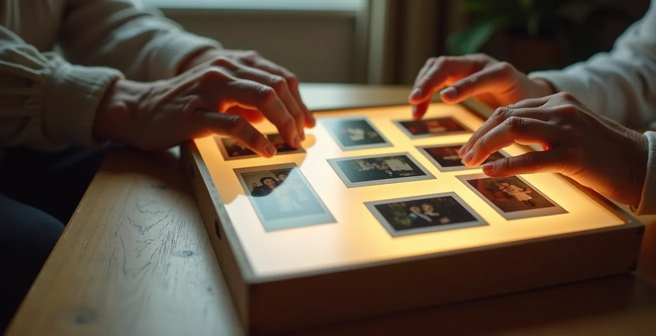 Illustration principale montrant des diapositives familiales anciennes dispersées sur une surface lumineuse, des mains anonymes de générations différentes manipulant les images, ambiance chaleureuse et cinématographique sans aucuns éléments textuels visibles