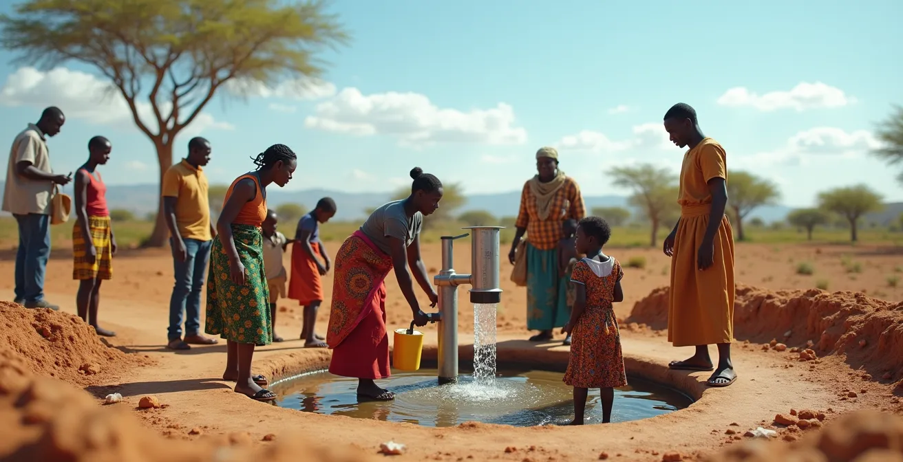Photo réaliste d'une communauté africaine autour d'un puits foré avec des enfants et des adultes utilisant l'eau