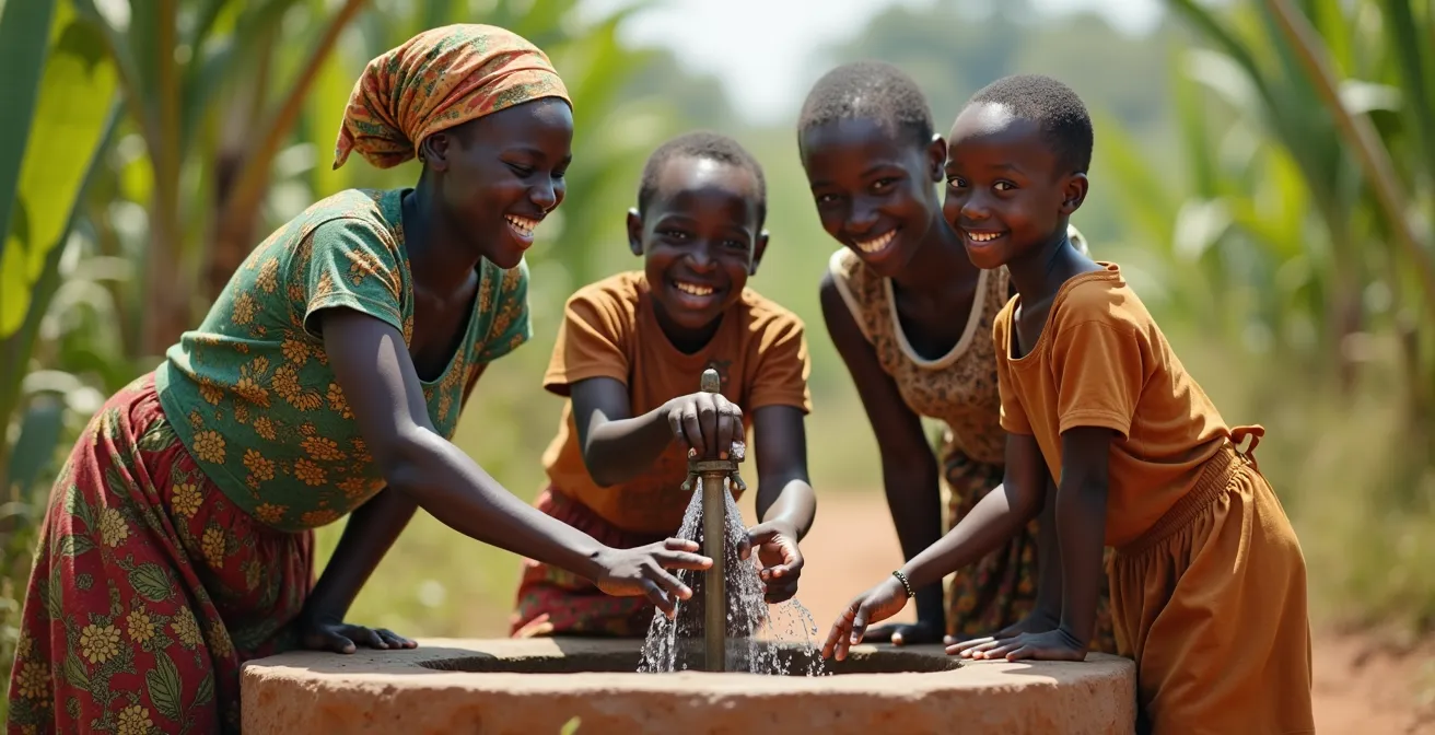 Femme et enfants souriants puisant l'eau à un puits communautaire en Afrique