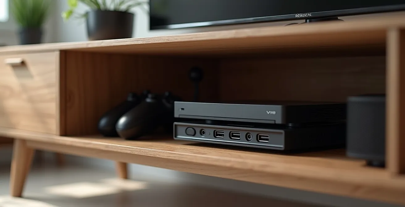 Vue en gros plan sur un compartiment ouvert d'un meuble TV moderne, montrant des câbles soigneusement organisés dans des gaines souples, des ports USB intégrés dans la structure en bois, et un espace ventilé accueillant une console de jeu