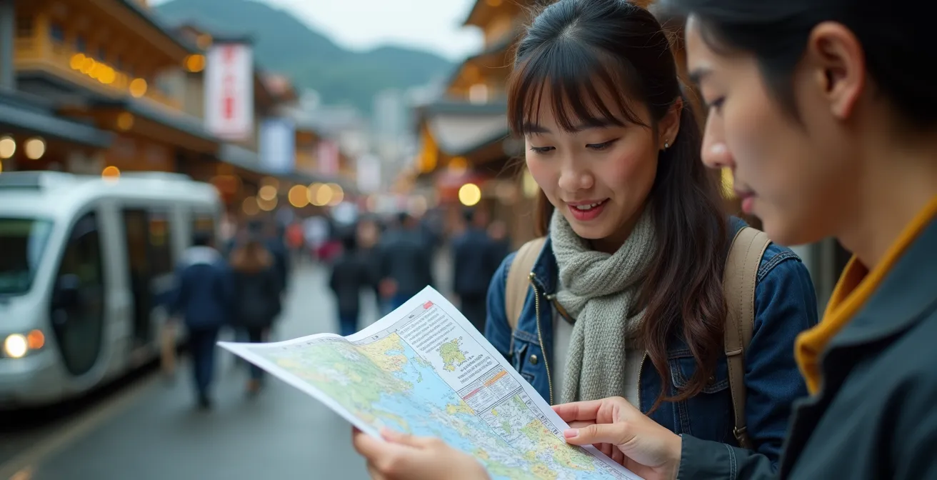 Vue d'un groupe planifiant son itinéraire de voyage au Japon avec guide