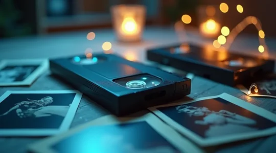 Vue artistique d'anciennes cassettes vidéo et photos analogiques entourées d'éléments numériques lumineux symbolisant la conversion et la sauvegarde digitale