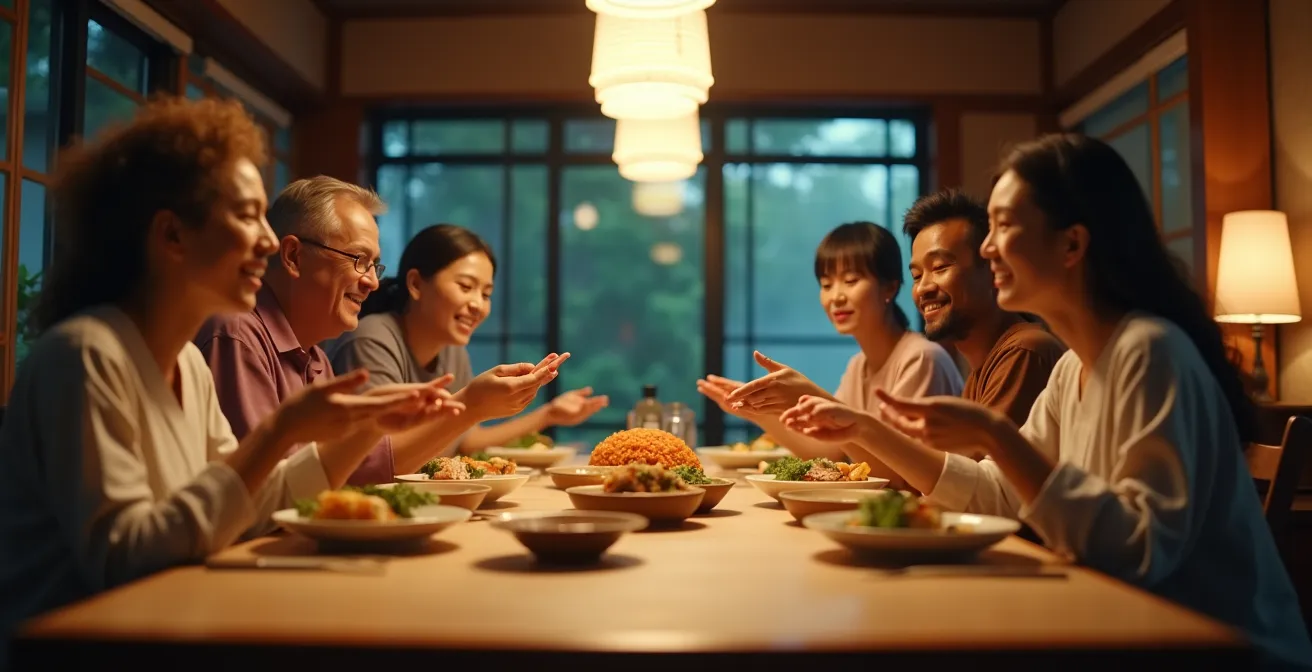 Groupe de voyageurs partageant un repas traditionnel japonais