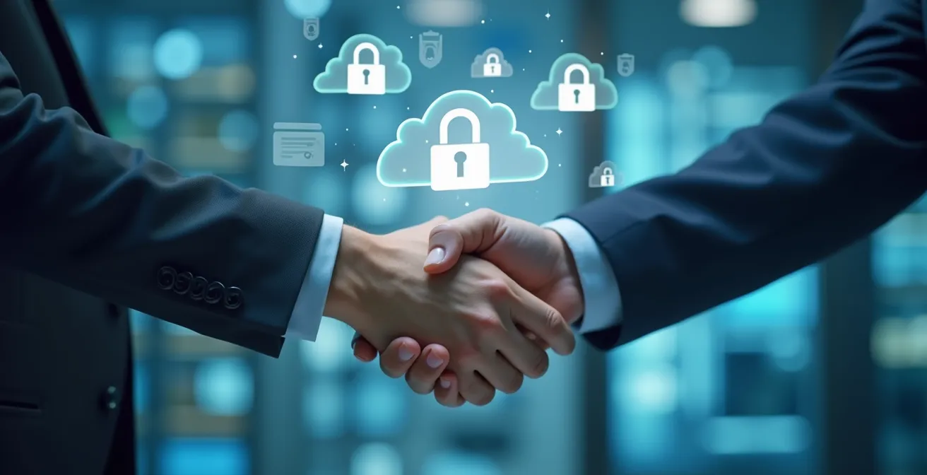 Illustration symbolique montrant un partenaire de confiance avec des cadenas et des documents numériques