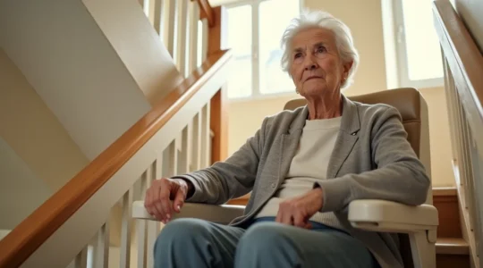 Une personne âgée se déplaçant confortablement dans sa maison grâce à un monte-escalier, retrouvant sa liberté de mouvement et son indépendance