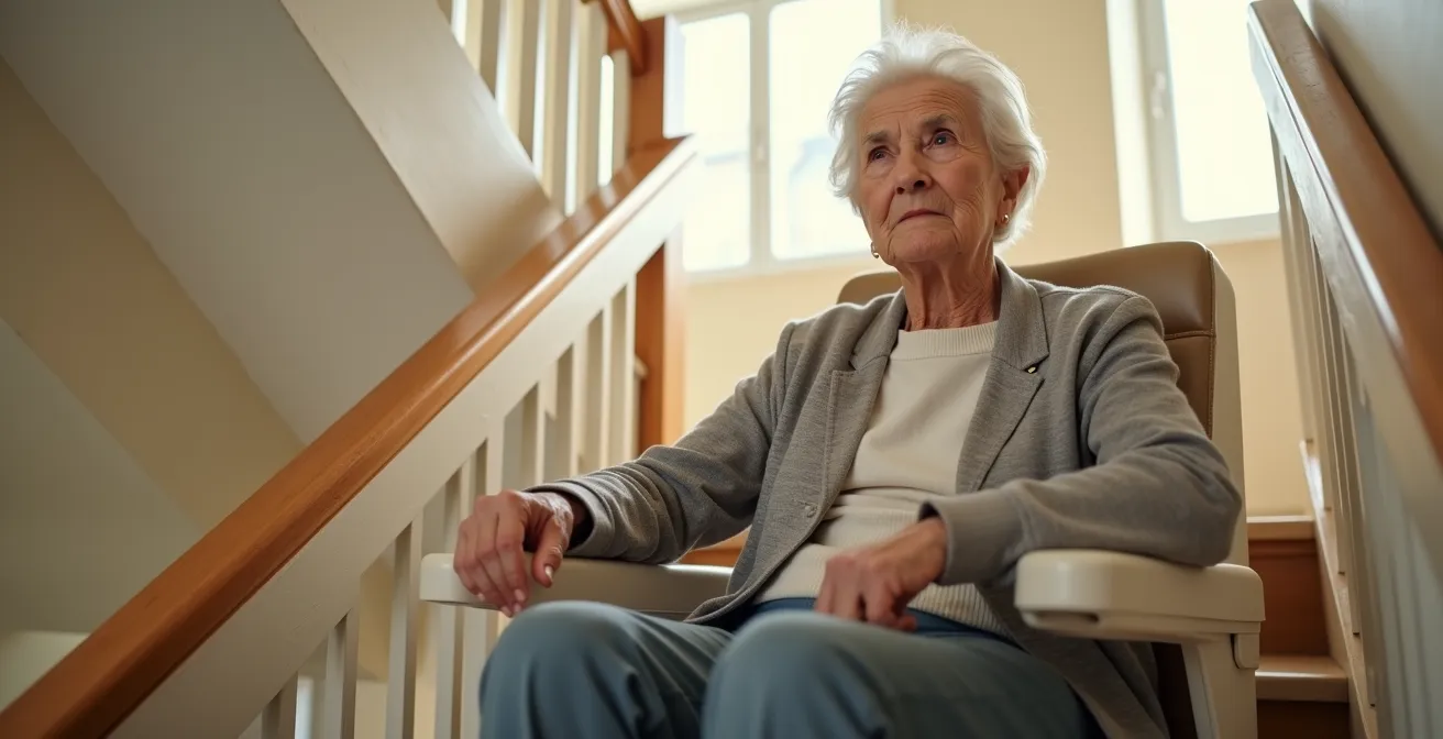 Une personne âgée se déplaçant confortablement dans sa maison grâce à un monte-escalier, retrouvant sa liberté de mouvement et son indépendance