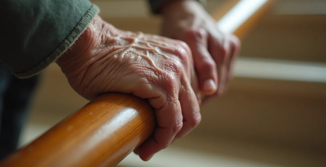 Gros plan des mains d'une personne âgée se tenant fermement à la rampe d'escalier, montrant les signes de tension et d'effort dans la gestuelle