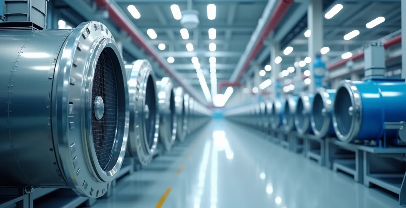 Système HVAC industriel moderne dans un environnement de production avec filtration d'air haute performance