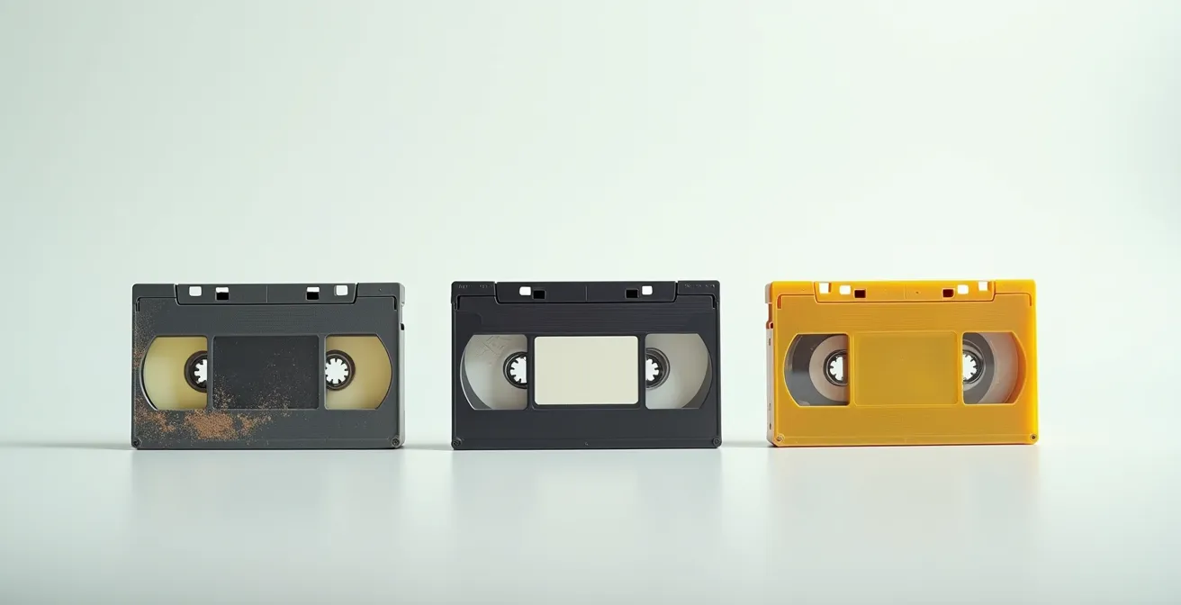 Trois cassettes VHS rangées côte à côte montrant des degrés croissants de dégradation visuelle : état bon, état moyen, état critique