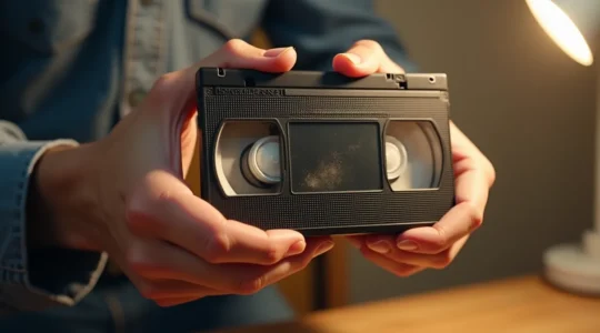 Cassette VHS placée verticalement en train d'être inspectée, révélant ses signes d'usure distincts et préoccupations de conservation