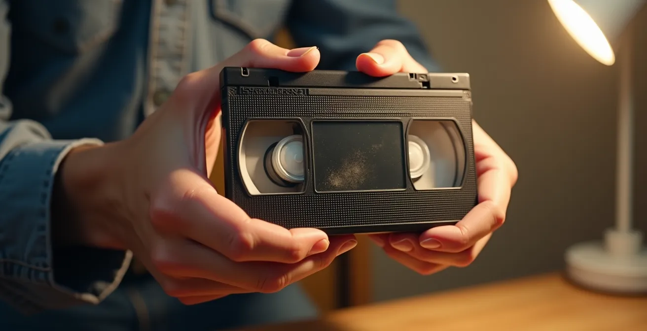Cassette VHS placée verticalement en train d'être inspectée, révélant ses signes d'usure distincts et préoccupations de conservation