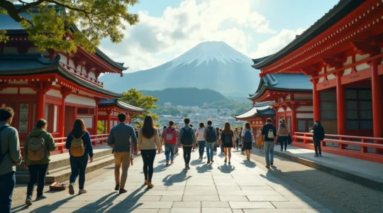 Groupe de voyageurs découvrant le Japon entre modernité et traditions
