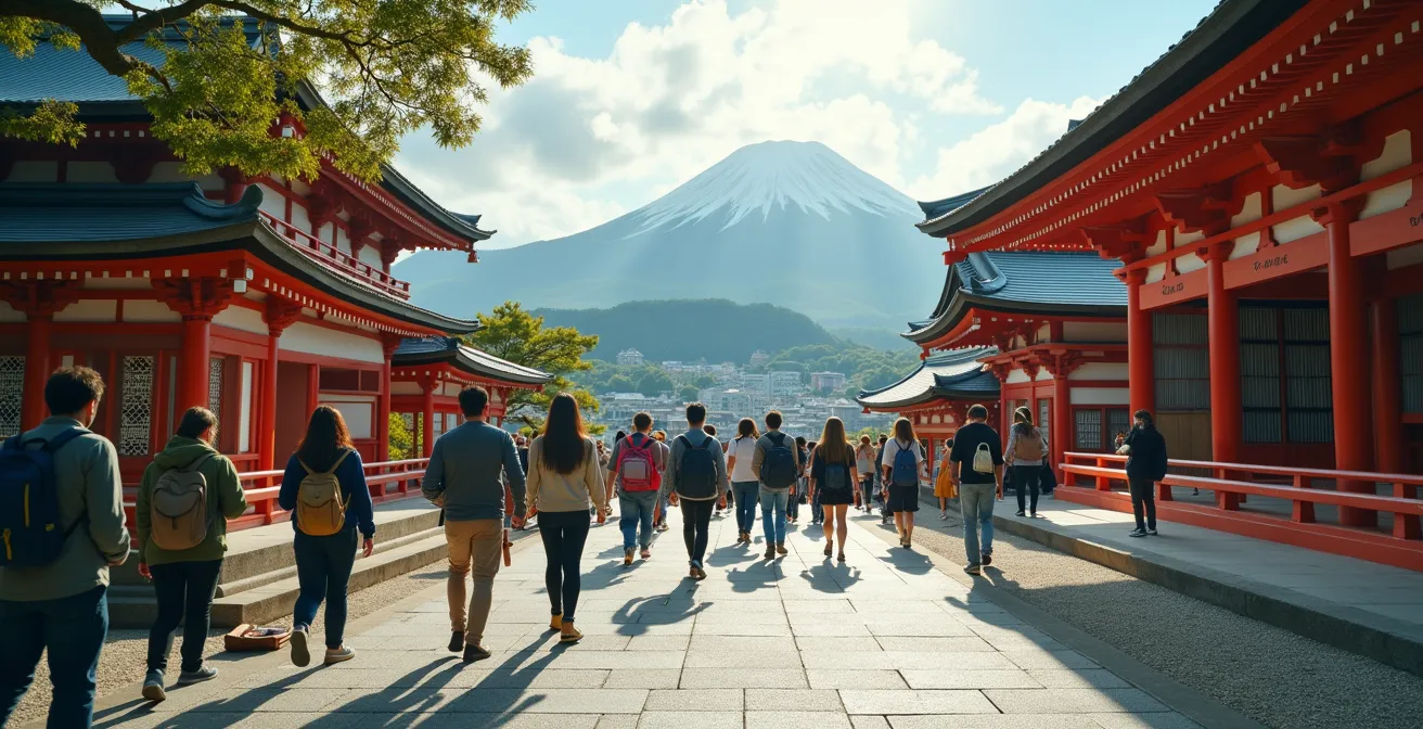 Groupe de voyageurs découvrant le Japon entre modernité et traditions