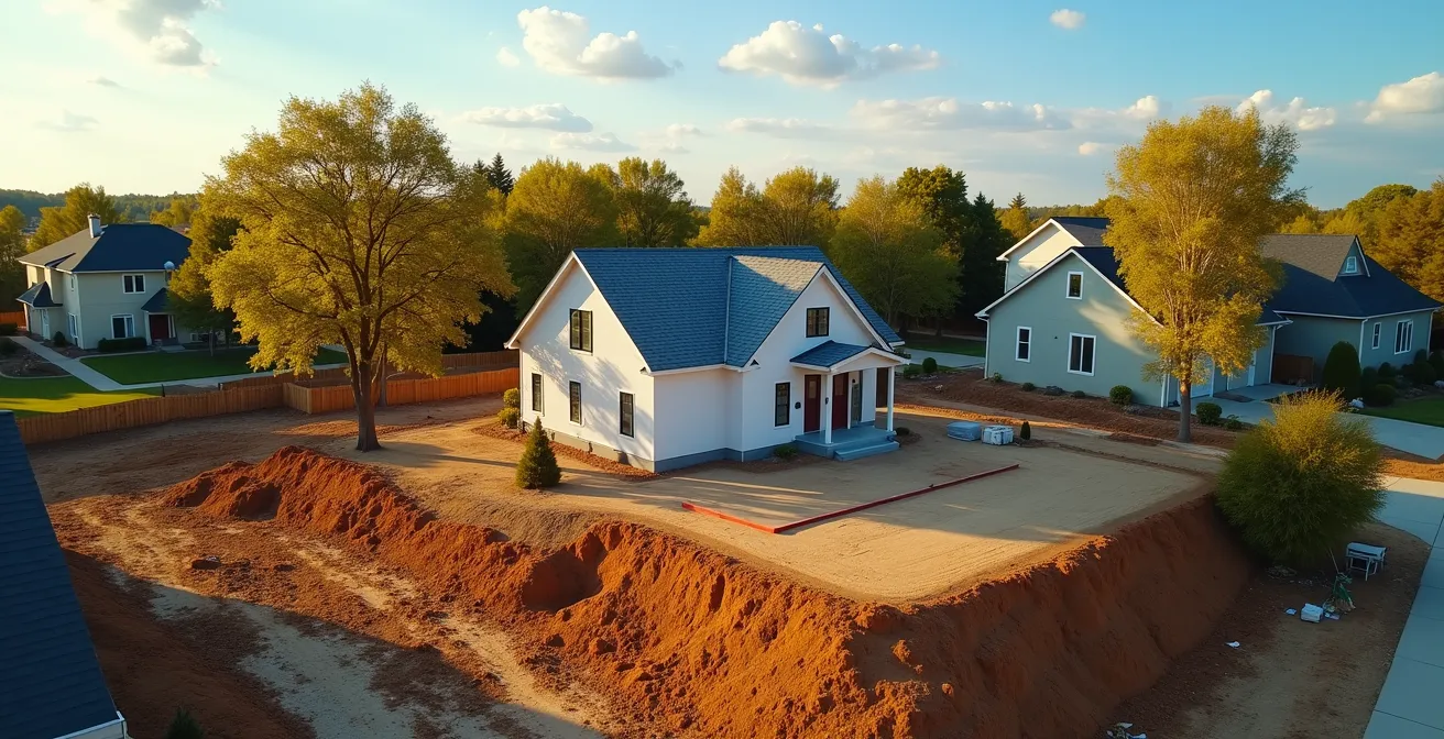 Vue aérienne d'une maison en fin d'été montrant le terrain sec idéal pour l'installation d'une pompe à puisard