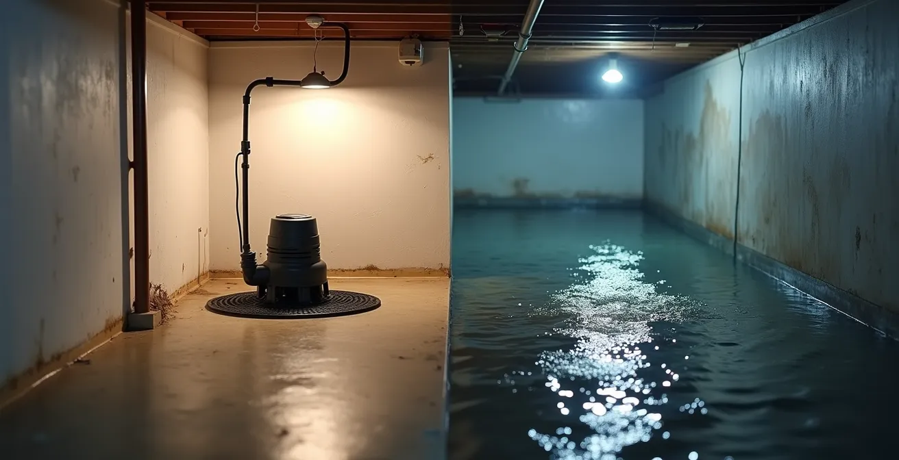 Juxtaposition de deux sous-sols identiques : l'un sec avec pompe fonctionnelle, l'autre inondé sans protection