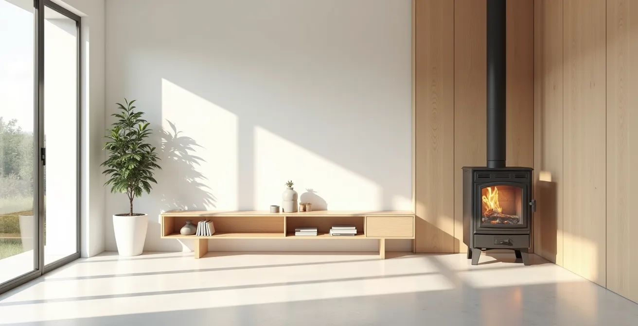 Cuisine minimaliste avec cuisinière à bois intégrée