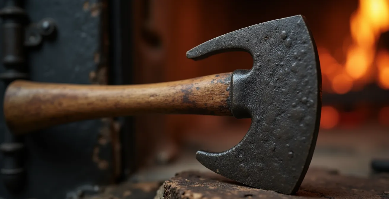 Gros plan sur mécanisme simple d'un poêle en fonte montrant la robustesse mécanique