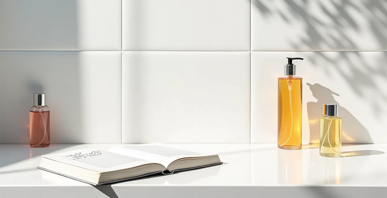 Espace épuré avec carnet de notes et produits capillaires disposés harmonieusement