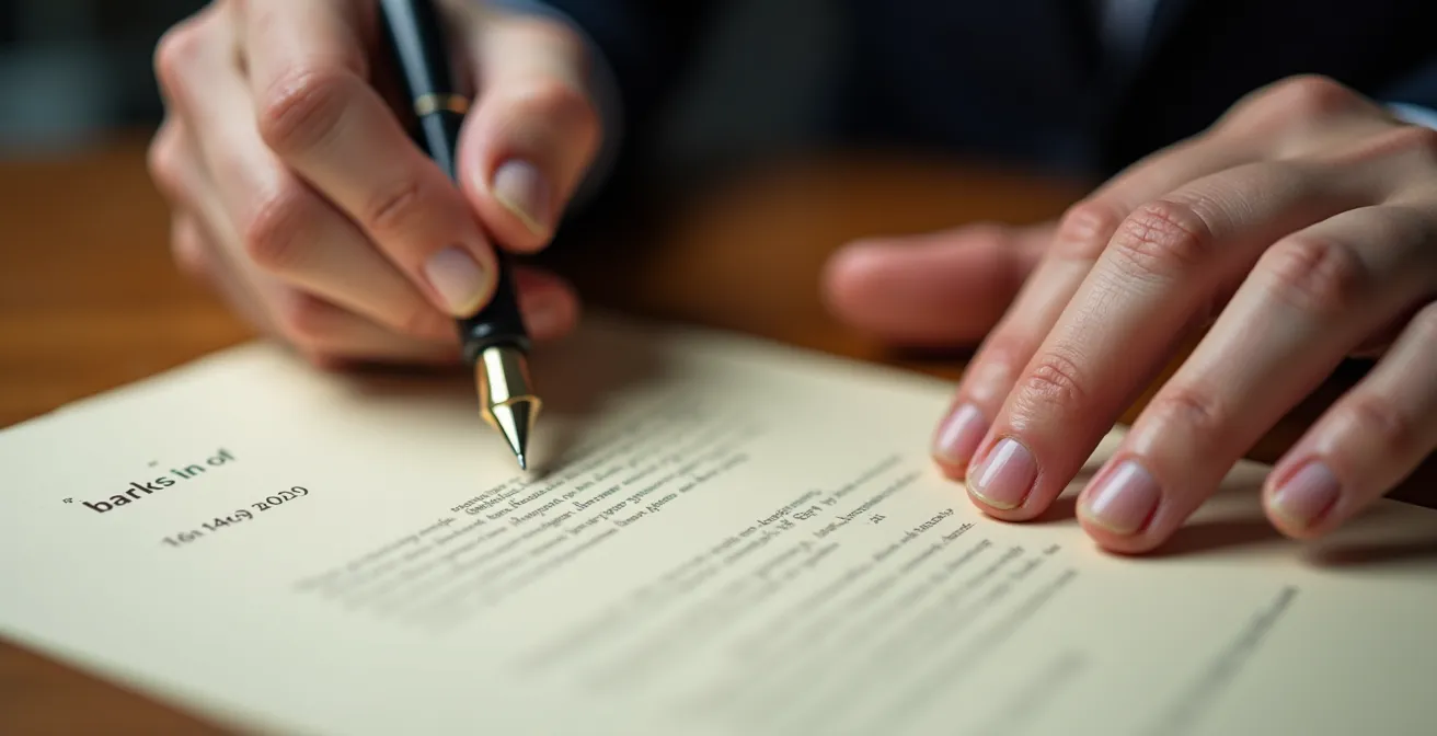 Gros plan sur une main signant un document juridique avec stylo haut de gamme