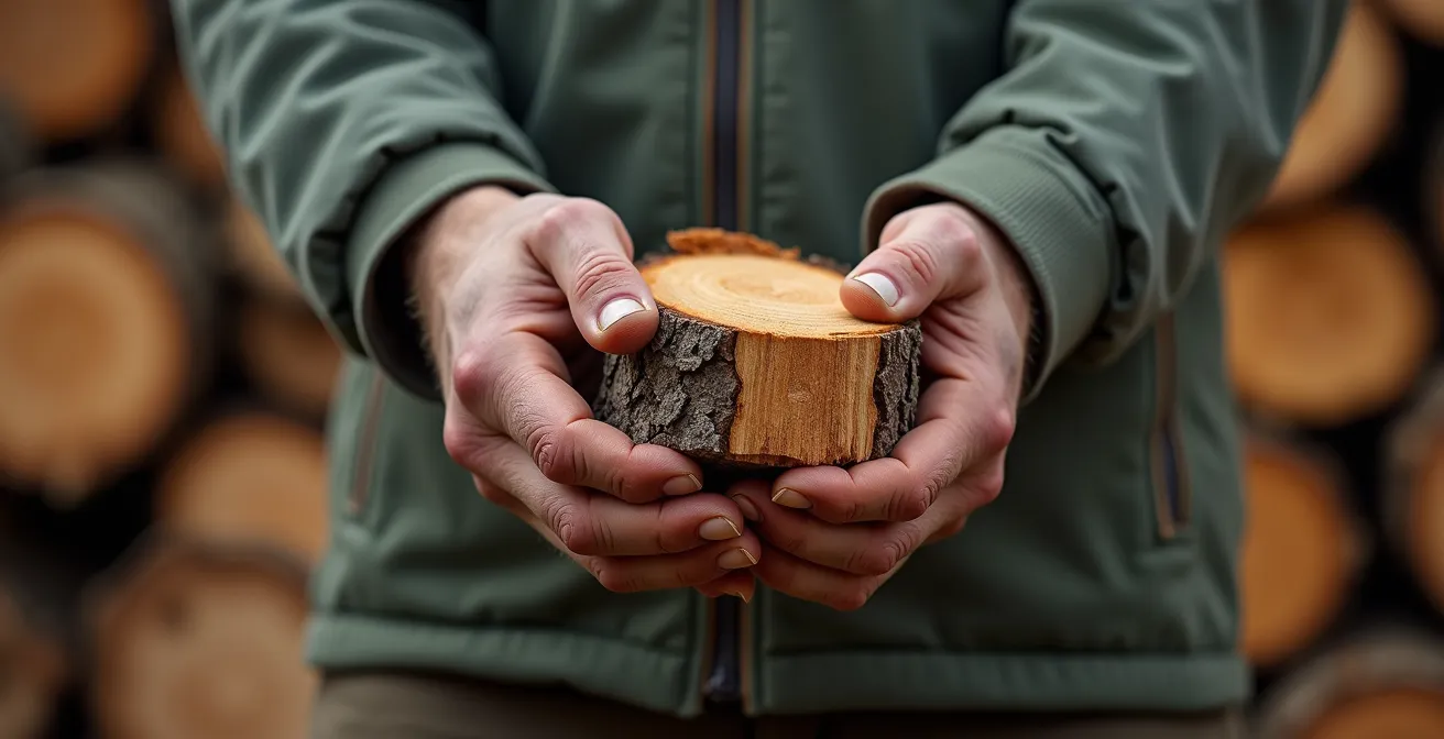 Main tenant une bûche de bois de 50 cm illustrant le poids et la manipulation
