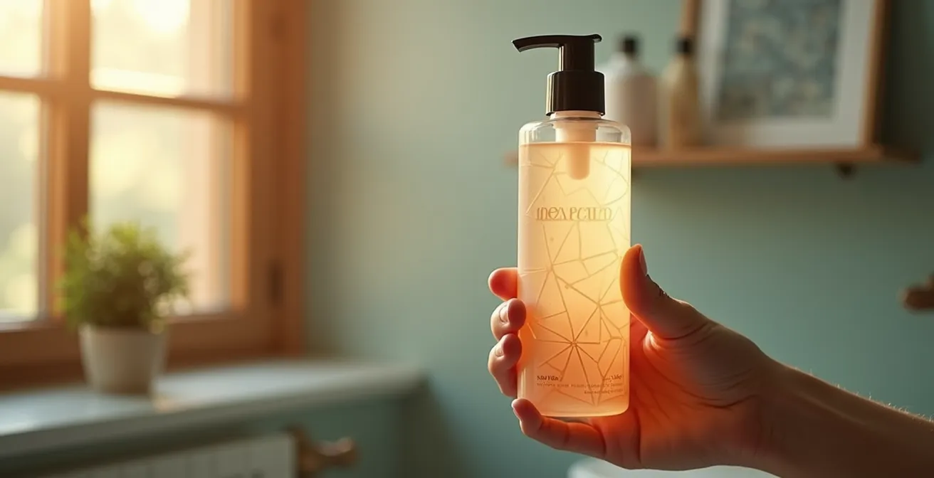 Main tenant un flacon de shampooing avec étiquette floue en arrière-plan