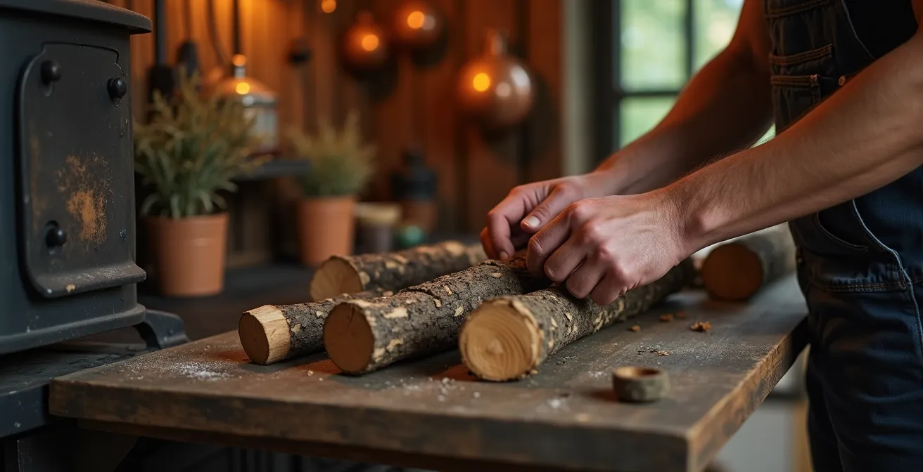 Mains préparant des bûches près d'une cuisinière