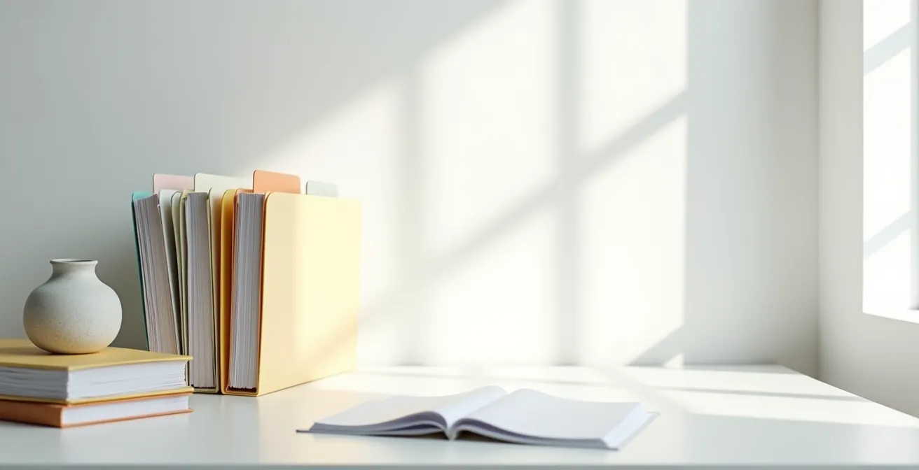 Bureau organisé avec classeurs et documents financiers structurés méticuleusement