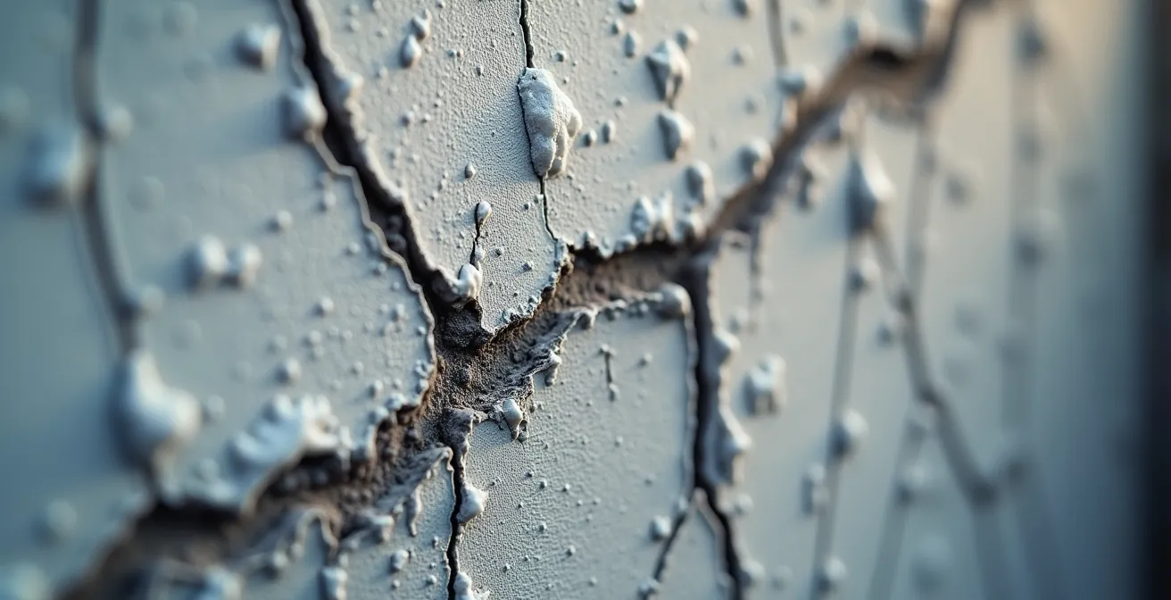 Détail macro d'un mur de béton montrant les premiers signes d'infiltration : efflorescence saline et micro-fissures
