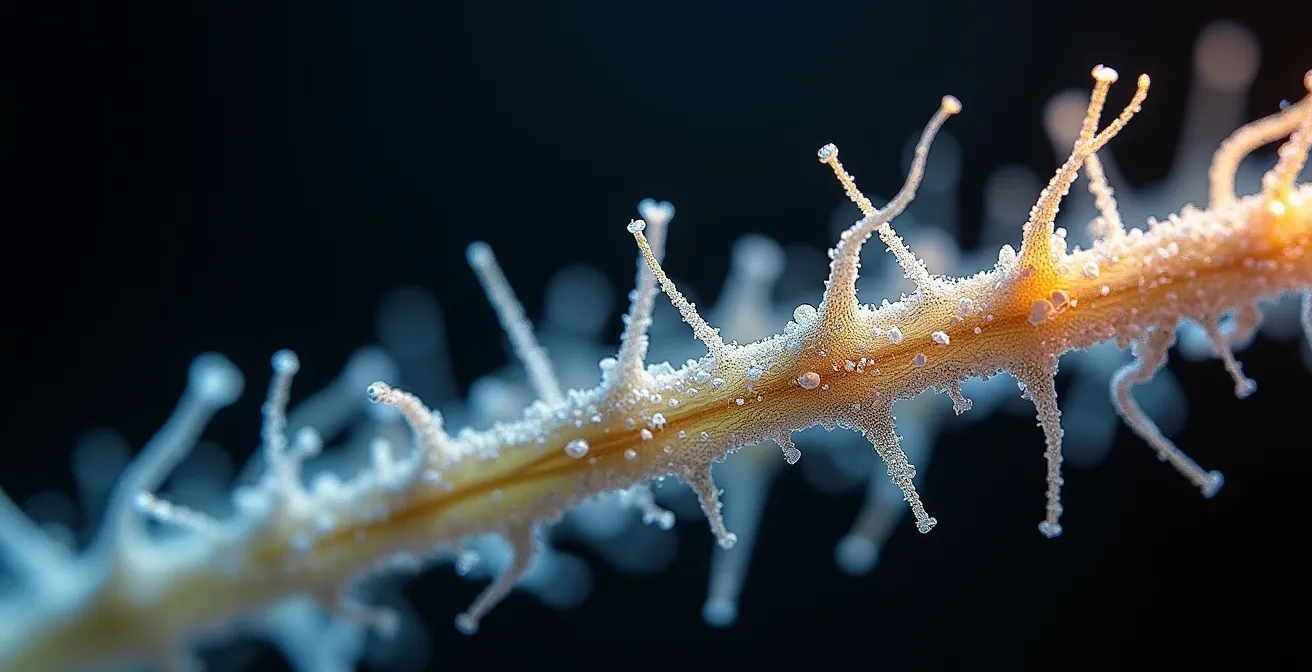 Détail macro de fibres capillaires et molécules végétales en interaction
