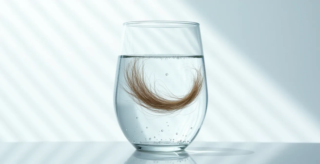 Test de porosité des cheveux avec un verre d'eau et des mèches flottantes