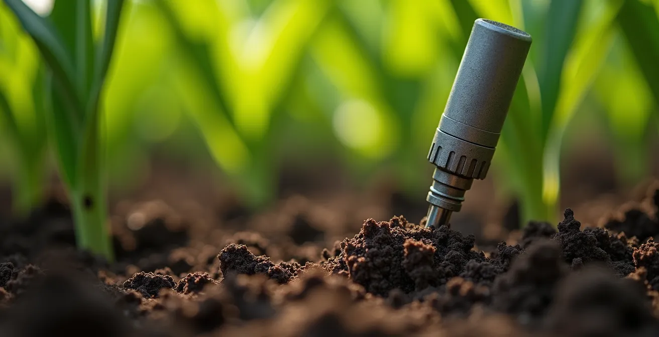 Plan macro sur des capteurs IoT plantés dans un sol agricole riche