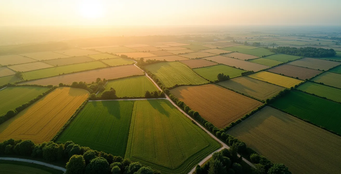Vue aérienne d'exploitations agricoles interconnectées formant une mosaïque collaborative