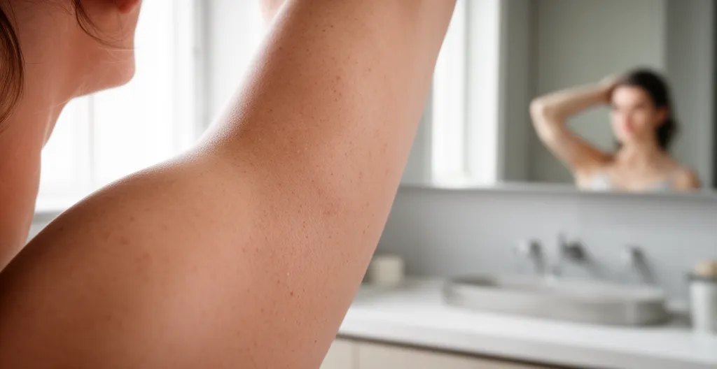 Femme levant le bras devant un miroir, aisselle lisse