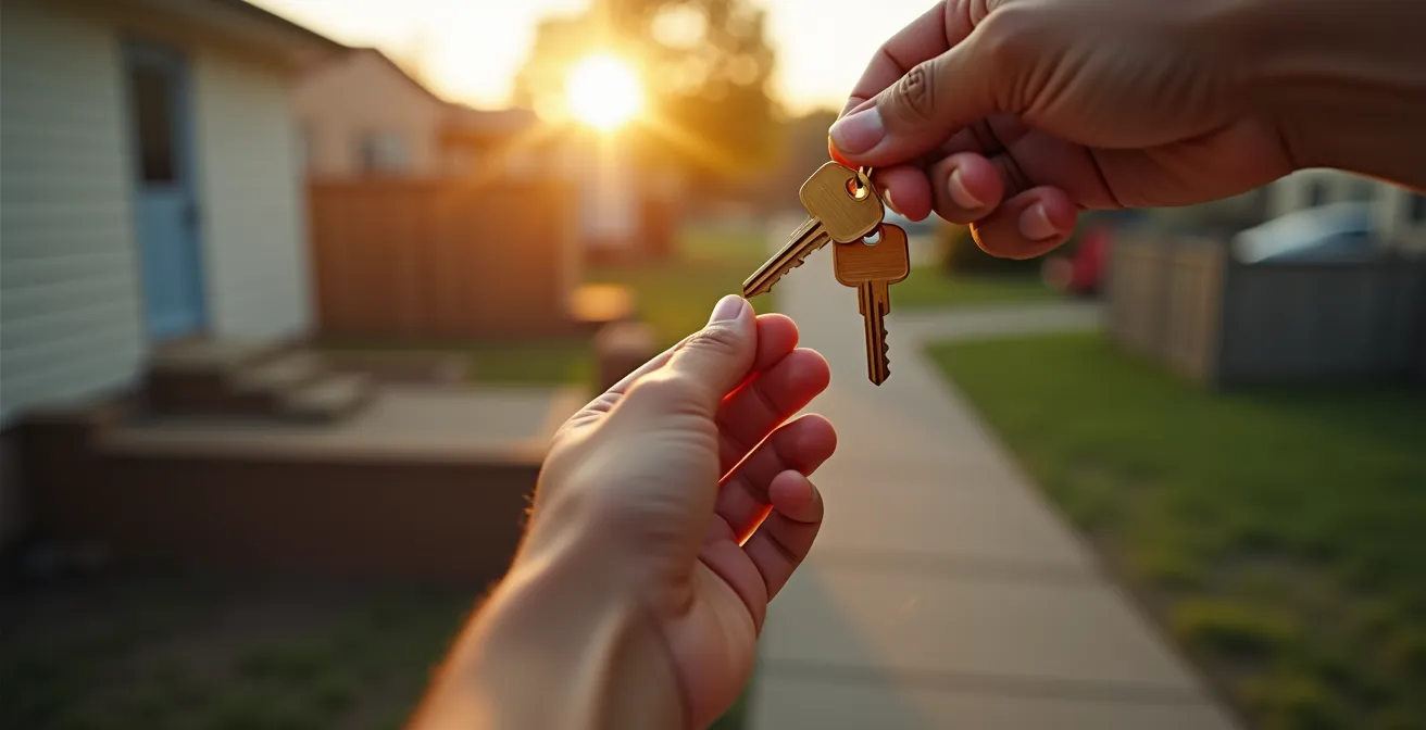 Gros plan sur une main tenant une clé avec un quartier résidentiel flou en arrière-plan