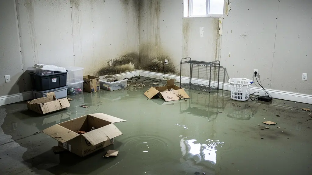 Dégât d'eau dans un sous-sol résidentiel québécois après refoulement