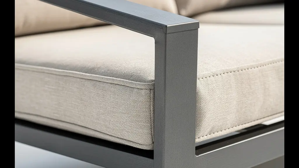 Gros plan structure aluminium brossé mobilier jardin haut de gamme