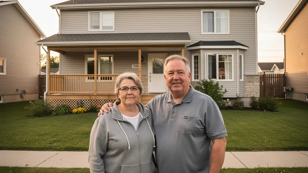 Couple québécois devant leur maison unifamiliale de banlieue, patrimoine familial à protéger