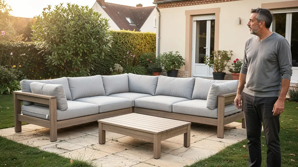Jardin avec mobilier surdimensionné illustrant erreur aménagement extérieur