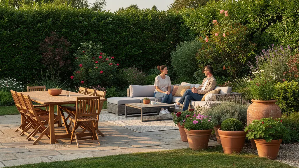 Vue jardin français organisé en zones distinctes pour aménagement extérieur élégant