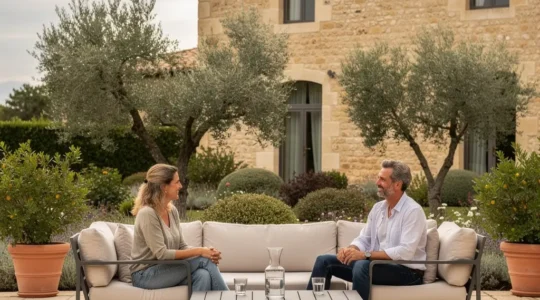 Couple sur terrasse provençale avec salon de jardin aluminium pour aménagement extérieur élégant