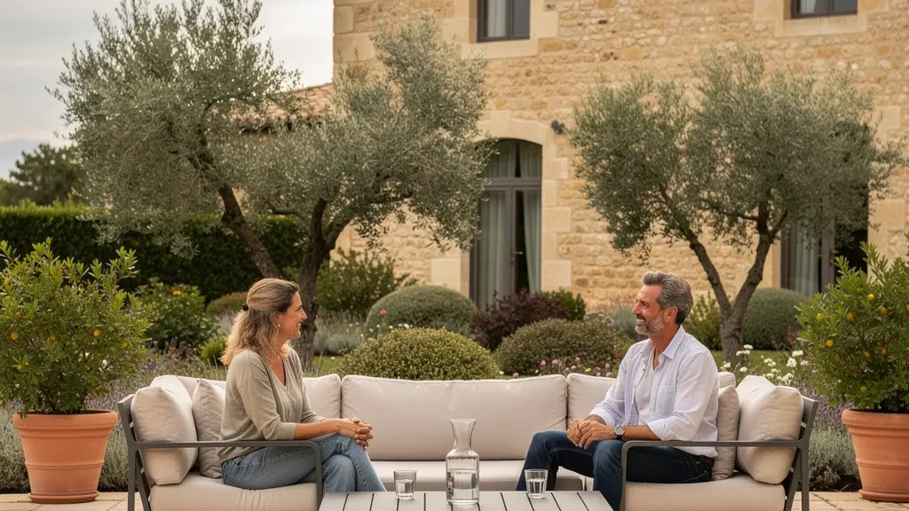 Couple sur terrasse provençale avec salon de jardin aluminium pour aménagement extérieur élégant