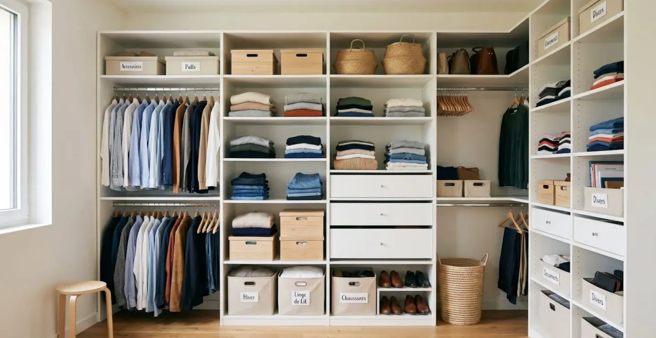 Dressing moderne de 5m² avec système d'étagères blanches remplies de rangements organisés, éclairage naturel, illustration de la capacité de stockage
