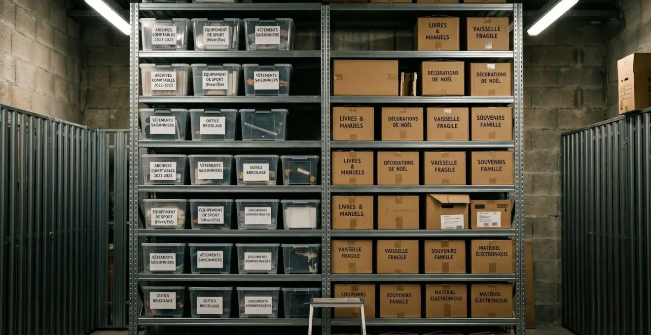 Étagère métallique de 2,5m de hauteur dans un box de stockage, chargée de bacs plastiques et cartons étiquetés en français, optimisation verticale de l'espace