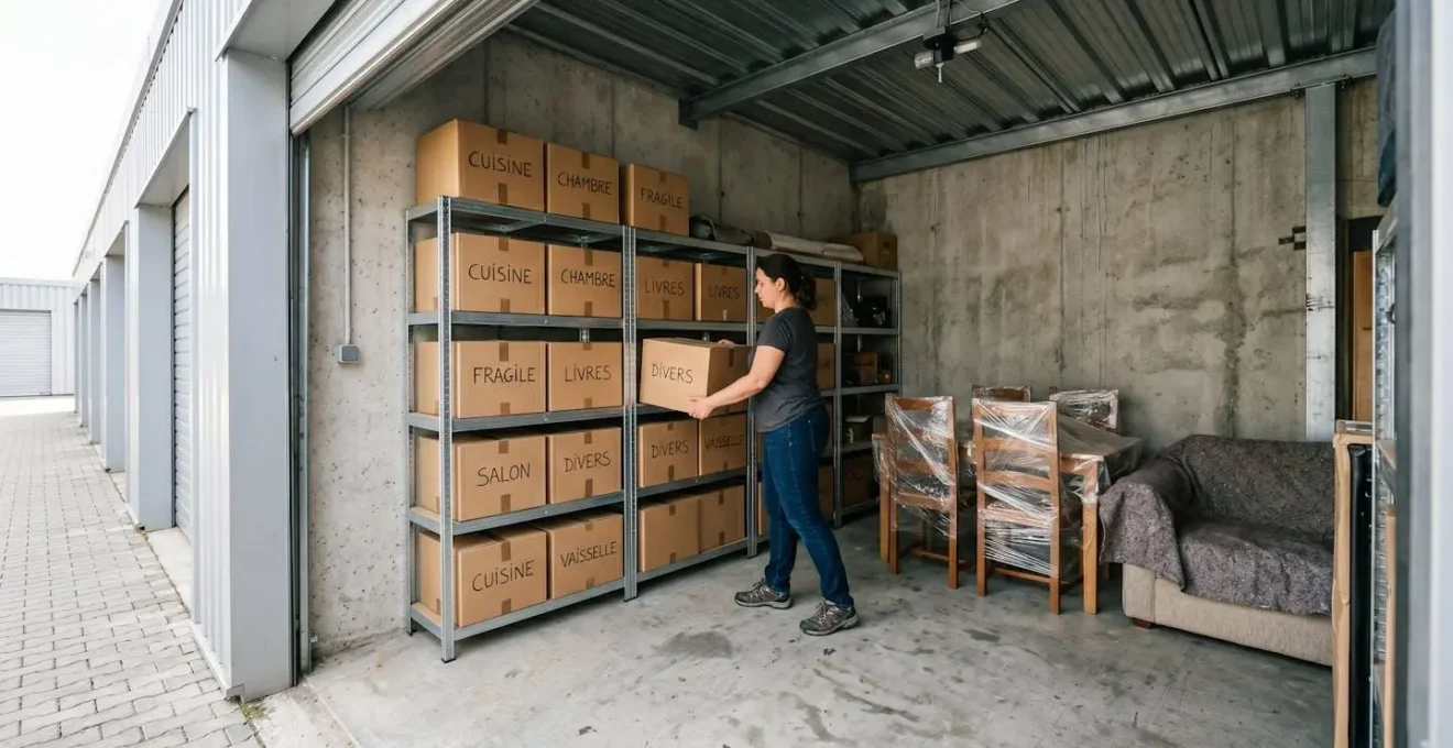 Intérieur d'un box de self-stockage de 10-15m² avec personne organisant des cartons de déménagement sur des étagères métalliques, éclairage naturel, étiquettes en français