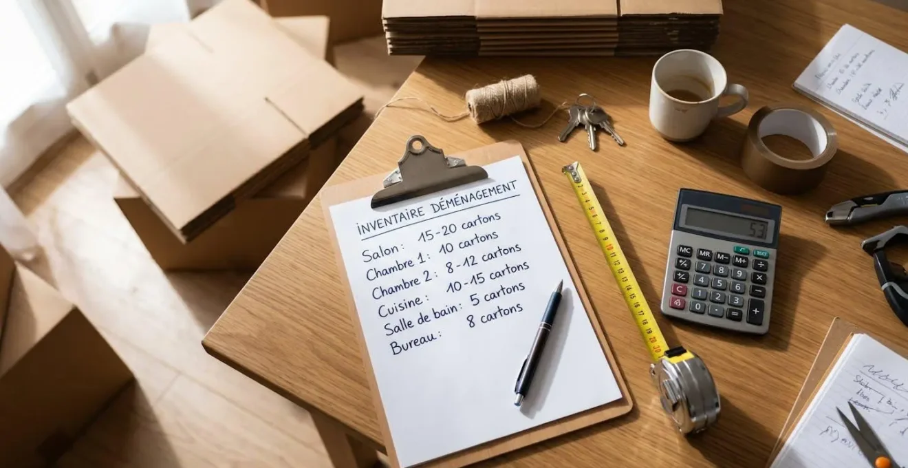 Vue de dessus d'une table avec feuille d'inventaire de déménagement manuscrite en français, mètre ruban, calculatrice et cartons vides en arrière-plan