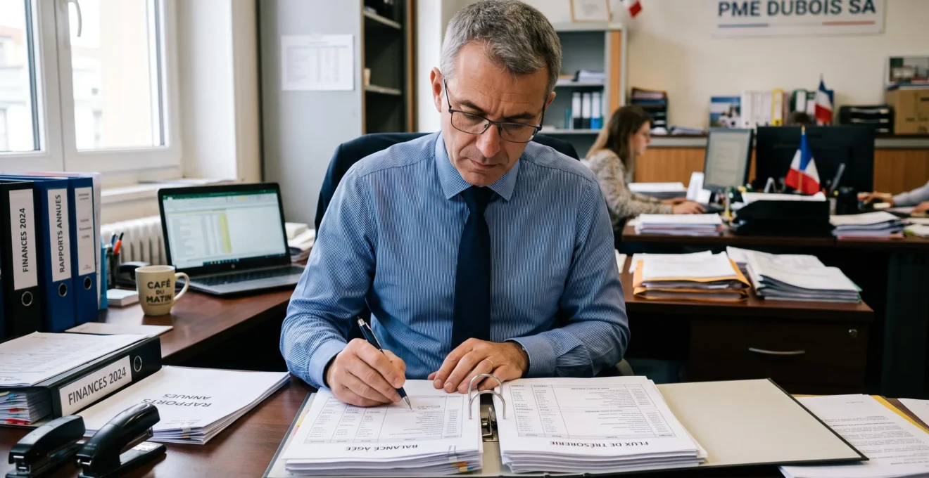 Dirigeant de PME analysant des rapports de trésorerie et balance âgée dans son bureau
